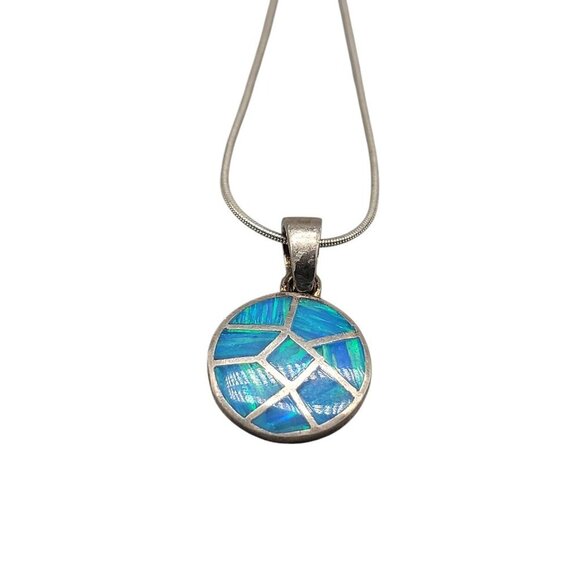 Sterling Silver Inlaid Blue Opal Pendant Necklace 16" Chain Signed ind0925 - Picture 8 of 16